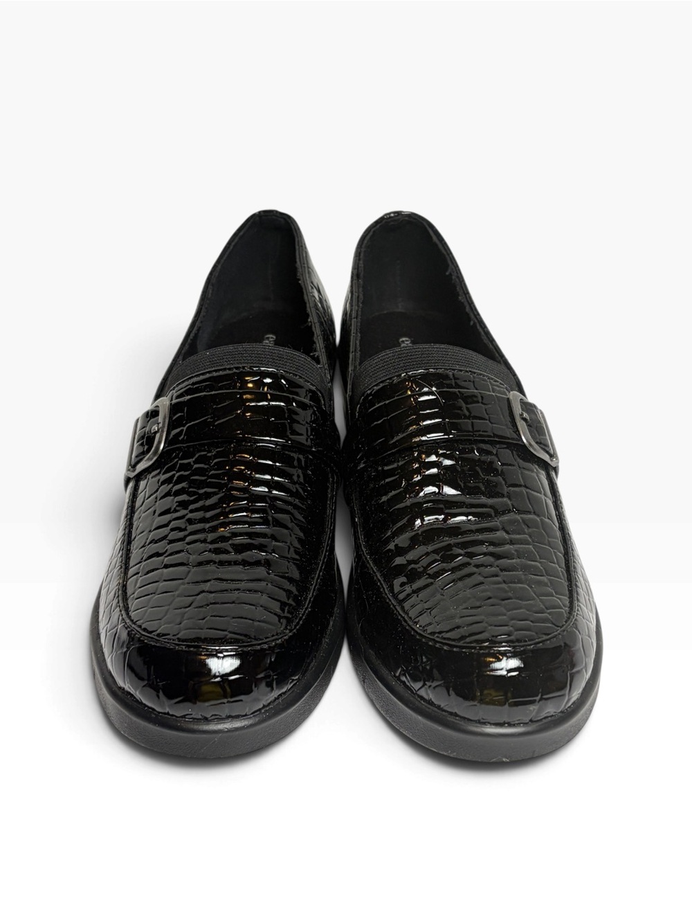 East 5th Black Croc-Embossed Patent Loafers